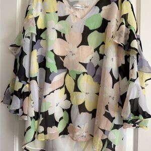 Calvin Klein Floral Chiffon Blouse - Black, Yellow, Green